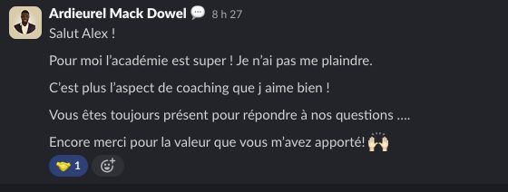 Message d'un élève sur l'académie et l'aspect coaching